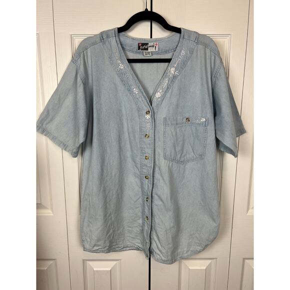 Vintage 90s Miramax Chambray Denim Sort Sleeve Button Top Embroidered Medium - Picture 4 of 7
